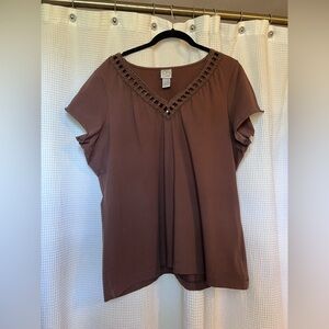 Y2K Fashion Bug Brown V-Neck Cutout Short Sleeve Top